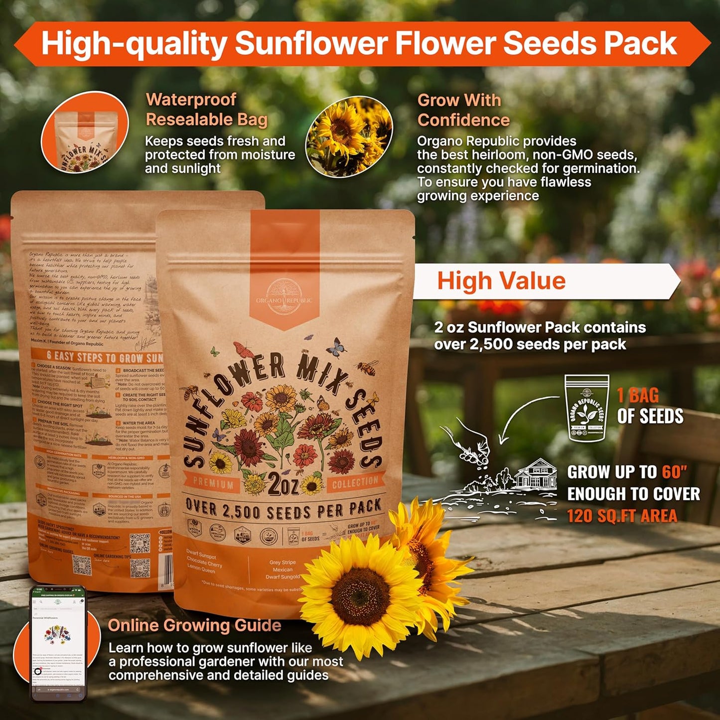Marigold Seeds Pack 1 oz - Over 9,250 Non-GMO Heirloom Marigold Seeds for Planting Indoor & Outdoor Gardening, Flower Seed for Planting Home and Garden, Flowers Seed in Individual Packet