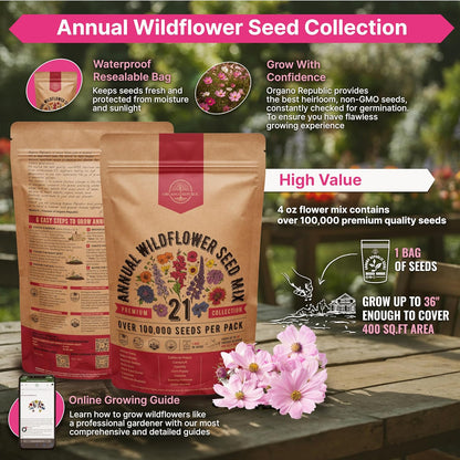 Organo Republic 16 Perennial Wildflower Seeds Mix for Indoor & Outdoors. 100,000+ Non-GMO, Heirloom Wildflower Garden Seeds, 4oz Packet for Growing Wild Flowers to Attract Bees, Butterflies & Birds