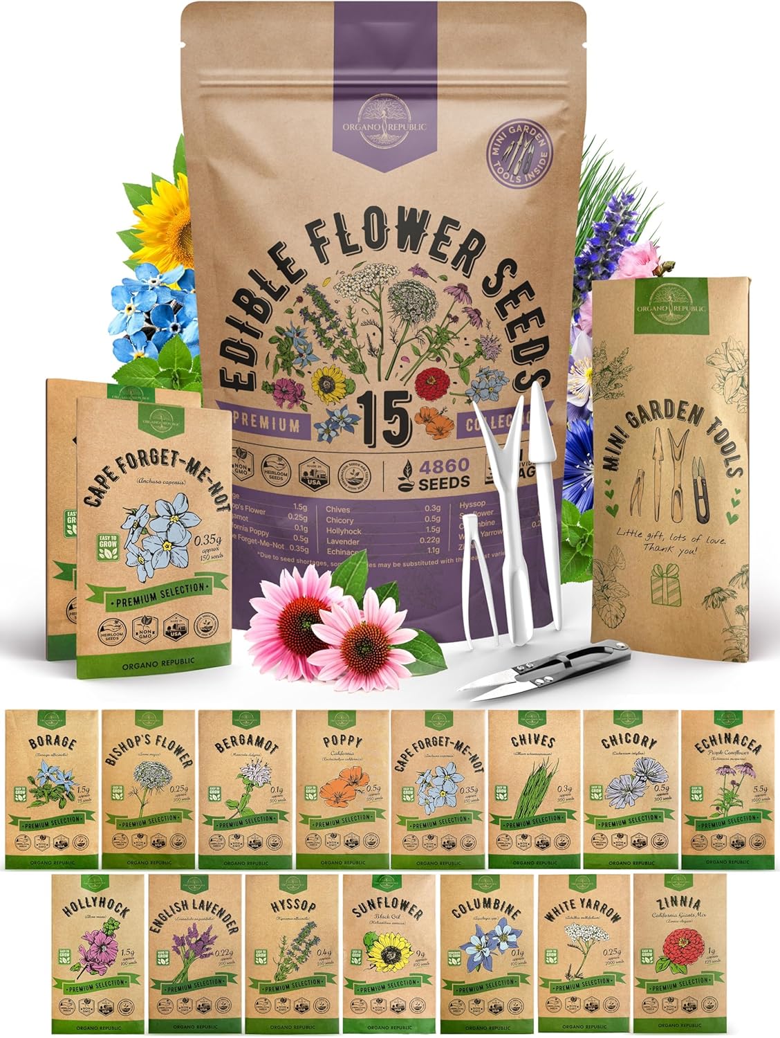 Organo Republic 25 Edible Flower Seeds Variety Pack for Indoor Outdoor Gardening - 8,000+ Non-GMO Heirloom Flower Seeds: Anise, Hyssop, Nasturtium, Pansy, Echinacea, Lavender, Chives & More