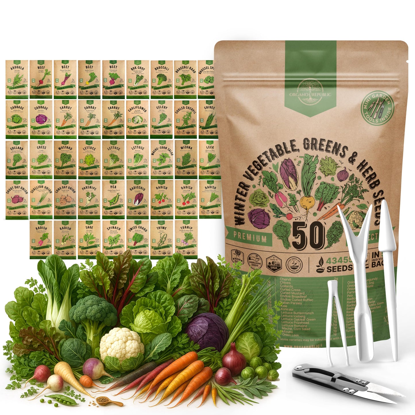 Organo Republic 25 Winter Vegetable & Green Seeds Variety Pack for Outdoors & Indoor Home Gardening 27670+ Non-GMO Heirloom Seeds: Broccoli Beet Carrot Collard Lettuce Radish Spinach Pea Kohlrabi