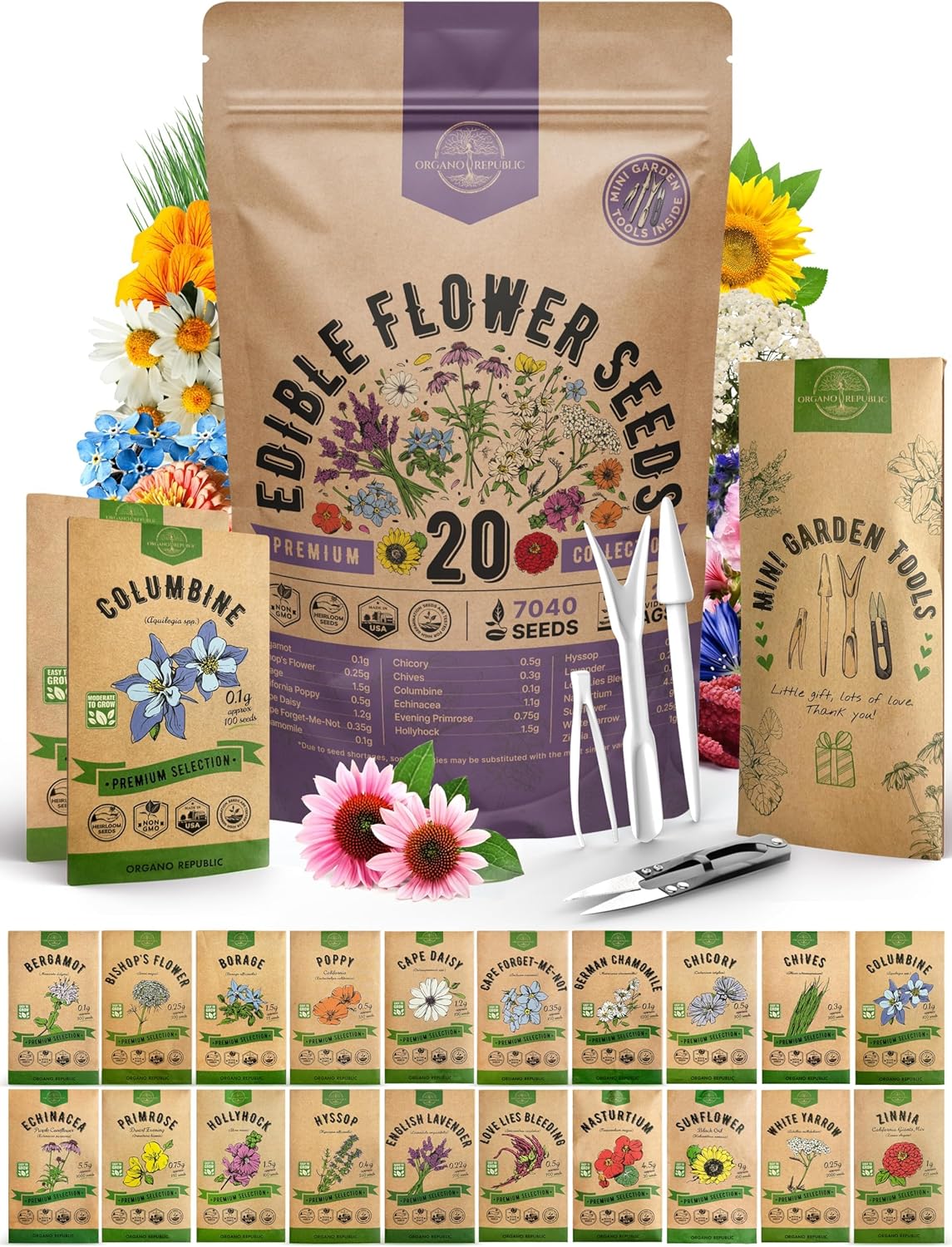 Organo Republic 25 Edible Flower Seeds Variety Pack for Indoor Outdoor Gardening - 8,000+ Non-GMO Heirloom Flower Seeds: Anise, Hyssop, Nasturtium, Pansy, Echinacea, Lavender, Chives & More