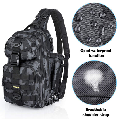 PLUSINNO Fishing Backpack with Tackle Boxes, Waterproof Fishing Sling Tackle Bag For Fishing Gear With Rod Holder, Fishing Gifts for Men With Fishing lures, Fishing pliers, Fish Lip Gripper.