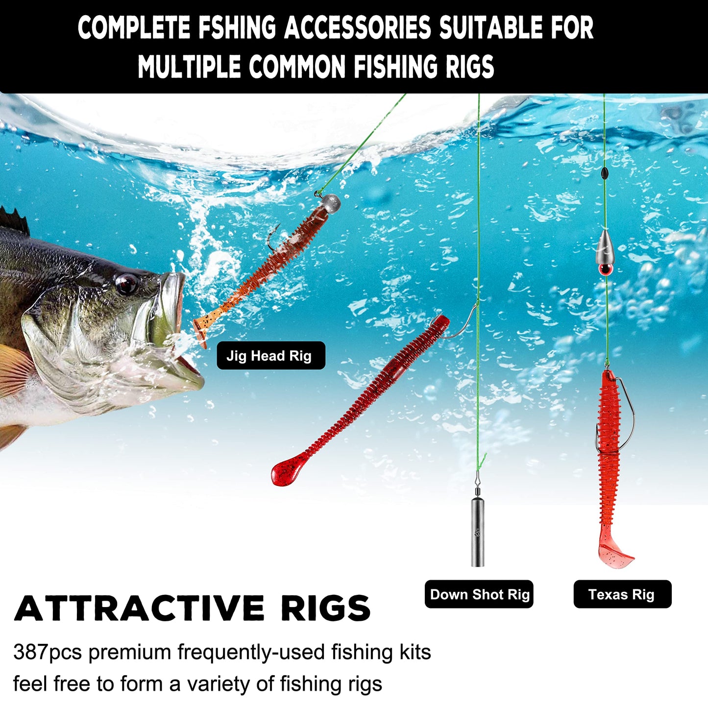 PLUSINNO 253/387pcs Fishing Gear Accessories Kit, Fishing Tackle Box with Tackle Included, Fishing Hooks, Fishing Weights Sinkers, Spinner Blade, Fishing Equipment for Bass Trout Bluegill Crappie