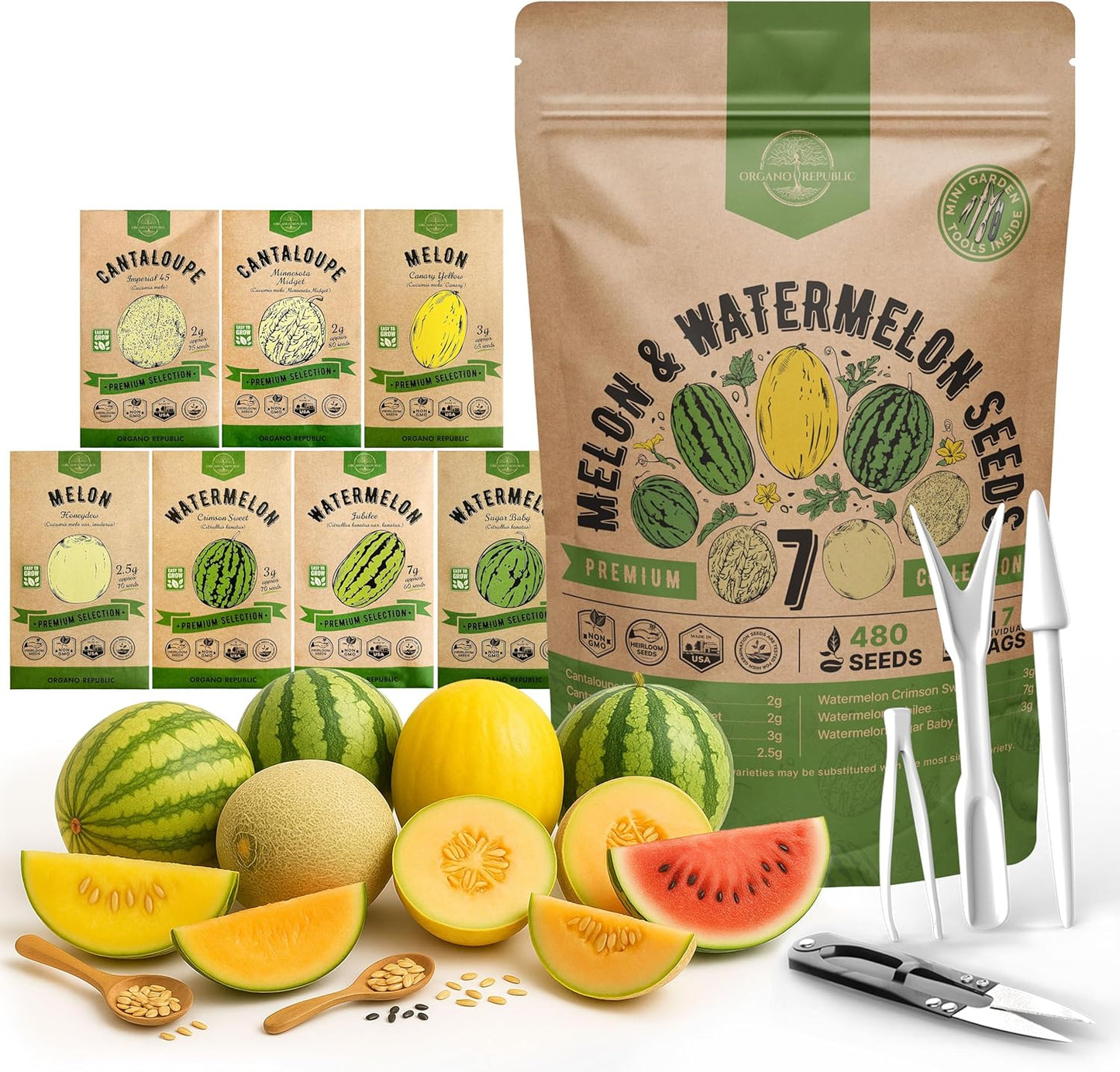 Organo Republic 7 Melon & Watermelon Seeds Variety Pack 480+ Non-GMO Heirloom Fruit Seeds for Planting Fruits in Individual Seed Packets, Home Garden Seeds for Hydroponic, Indoor & Outdoors Gardening
