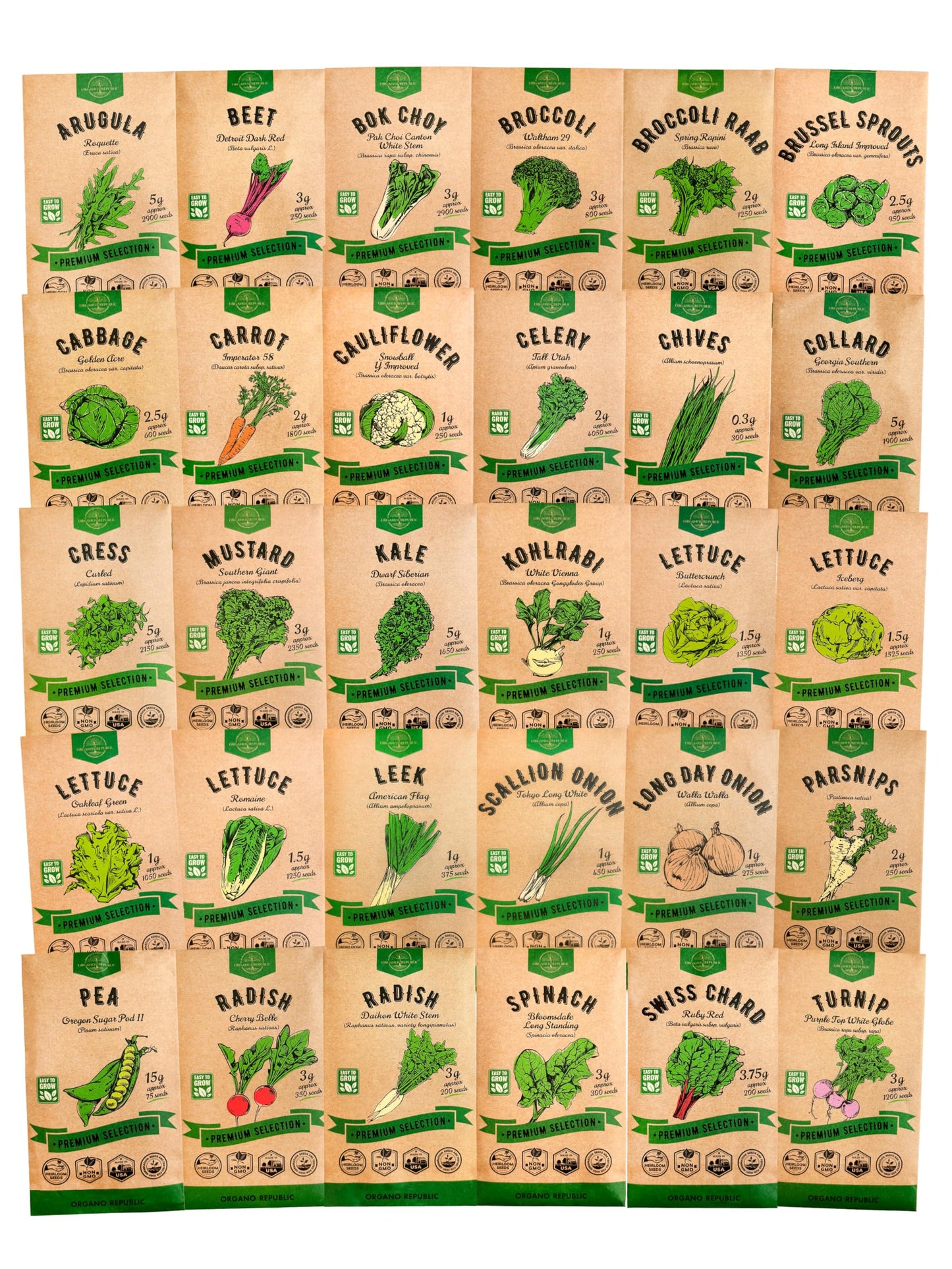 Organo Republic 25 Winter Vegetable & Green Seeds Variety Pack for Outdoors & Indoor Home Gardening 27670+ Non-GMO Heirloom Seeds: Broccoli Beet Carrot Collard Lettuce Radish Spinach Pea Kohlrabi