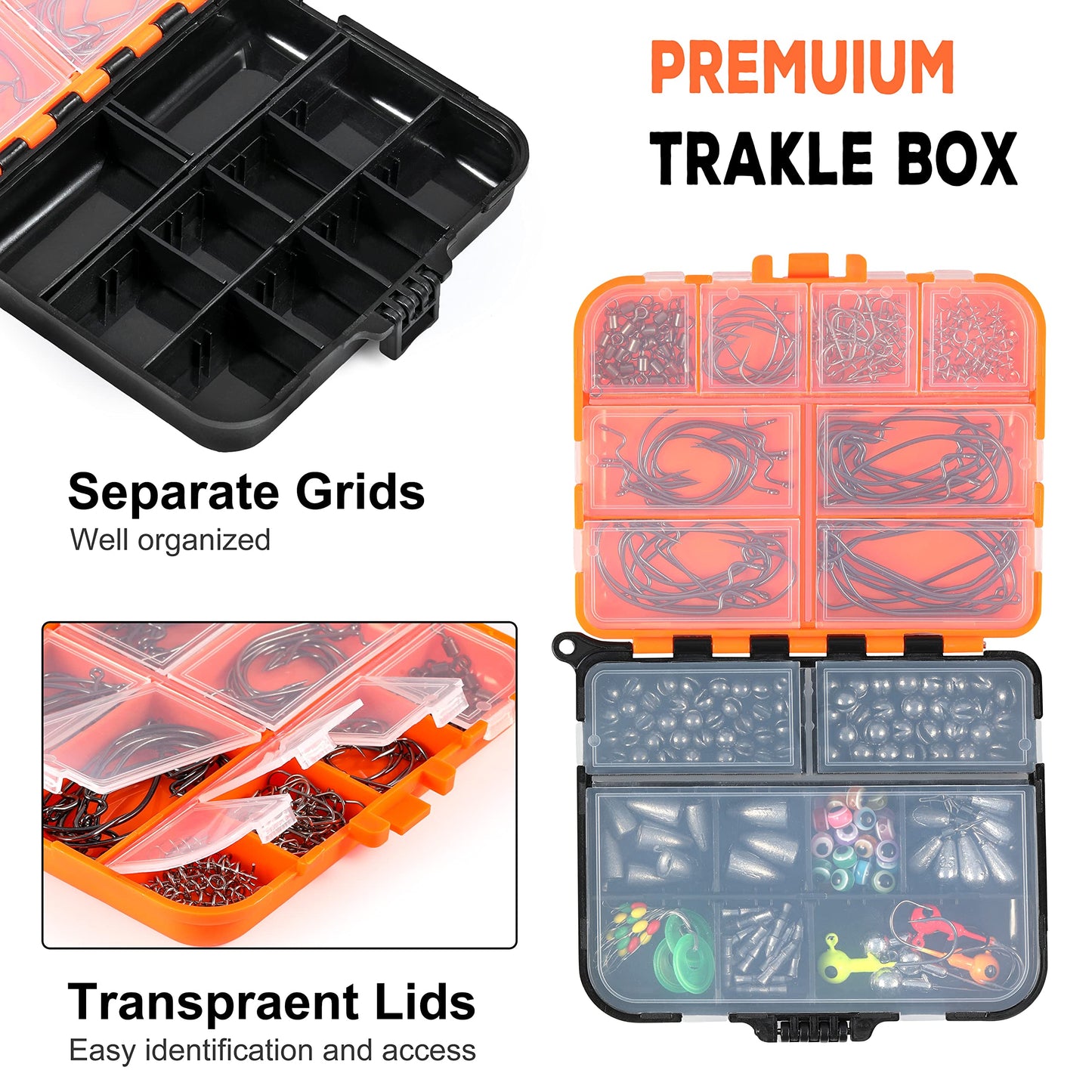 PLUSINNO 253/387pcs Fishing Gear Accessories Kit, Fishing Tackle Box with Tackle Included, Fishing Hooks, Fishing Weights Sinkers, Spinner Blade, Fishing Equipment for Bass Trout Bluegill Crappie