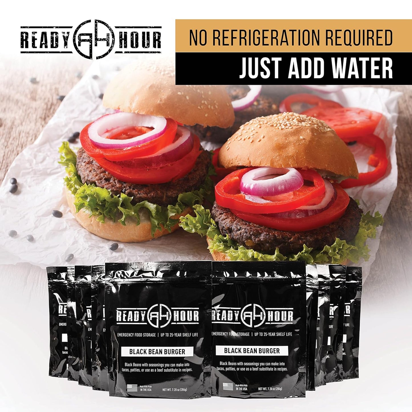 Ready Hour, Black Bean Burger Mix, Real Non-Perishable Recipe, 25-Year Shelf Life, Emergency and Adventure Food Supply, Includes 10 Resealable Pouches, 60 Servings
