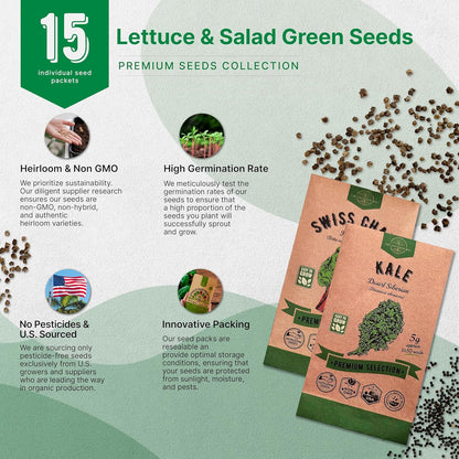 Organo Republic 22 Lettuce & Salad Greens Seeds Variety Pack 24,700+ Non-GMO Heirloom Lettuce Seeds for Indoor & Outdoor Garden, Hydroponics, Aerogarden - Arugula, Kale, Spinach, Swiss Chard, Lettuce