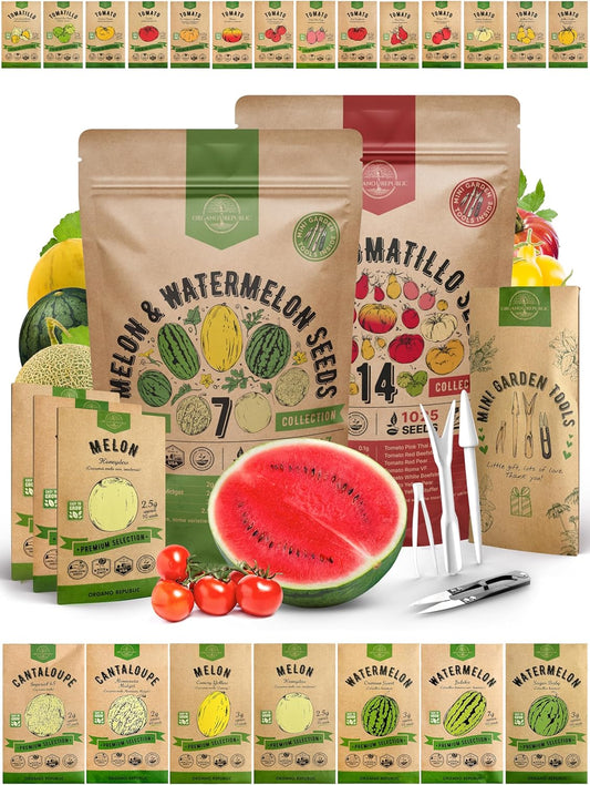 Organo Republic 7 Melon Seeds and 14 Tomato Seeds Variety Pack Bundle, 1,025+ Non-GMO Heirloom Garden Seeds for Planting Melons and Tomatoes for Indoor & Outdoor Gardening