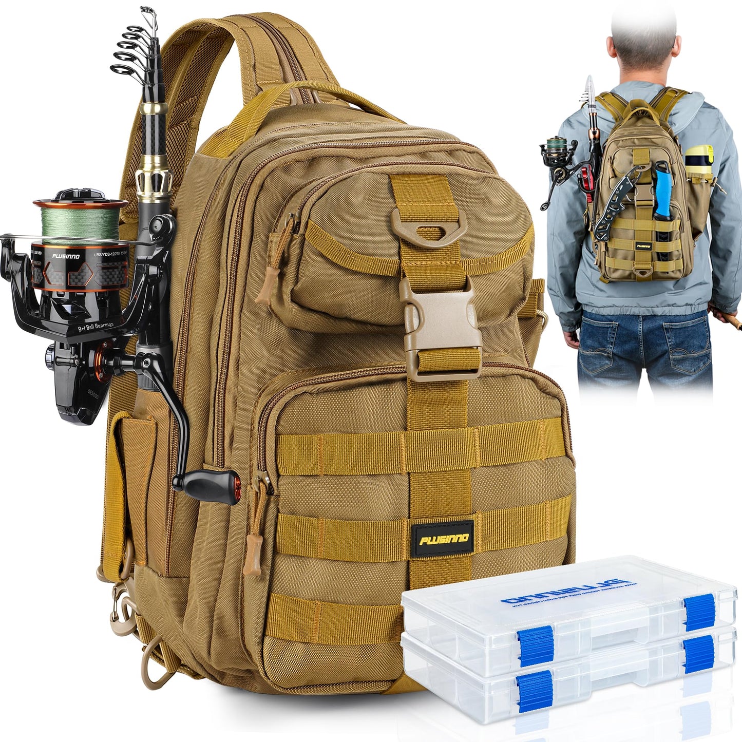 PLUSINNO Fishing Backpack with Fishing Rod and Reel Combos Tackle Boxes, Waterproof Tackle Backpack for Fishing Gear with Rod Holder, Fishing Gifts for Men with Fishing Tool Kit...