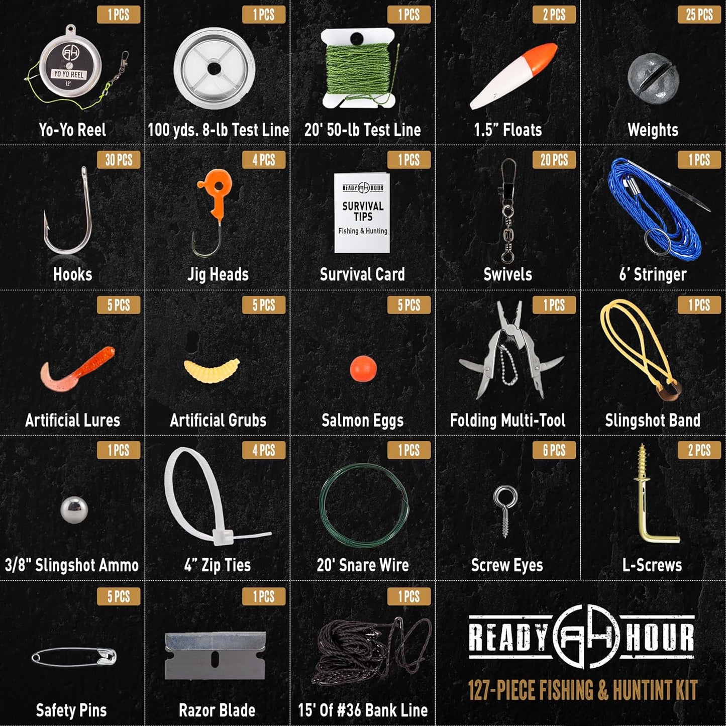 Ready Hour Fishing & Hunting Kit (127 Pieces) - Complete Survival Gear Kit for Emergency Preparedness, Camping, and Outdoor Survival - Compact, All-in-One Wilderness Survival Set