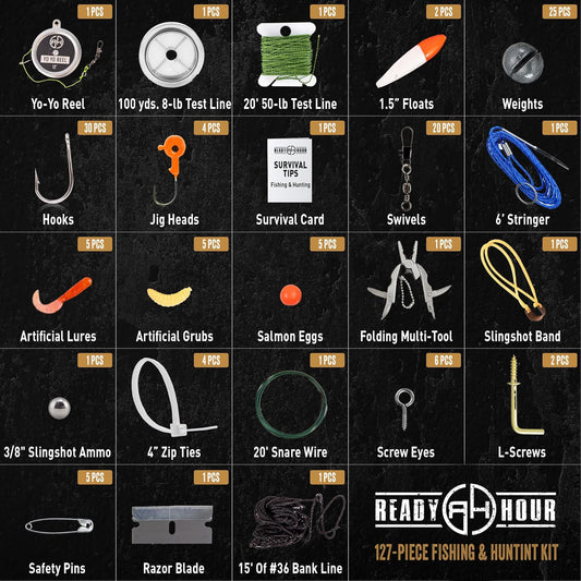 Ready Hour Fishing & Hunting Kit (127 Pieces) - Complete Survival Gear Kit for Emergency Preparedness, Camping, and Outdoor Survival - Compact, All-in-One Wilderness Survival Set