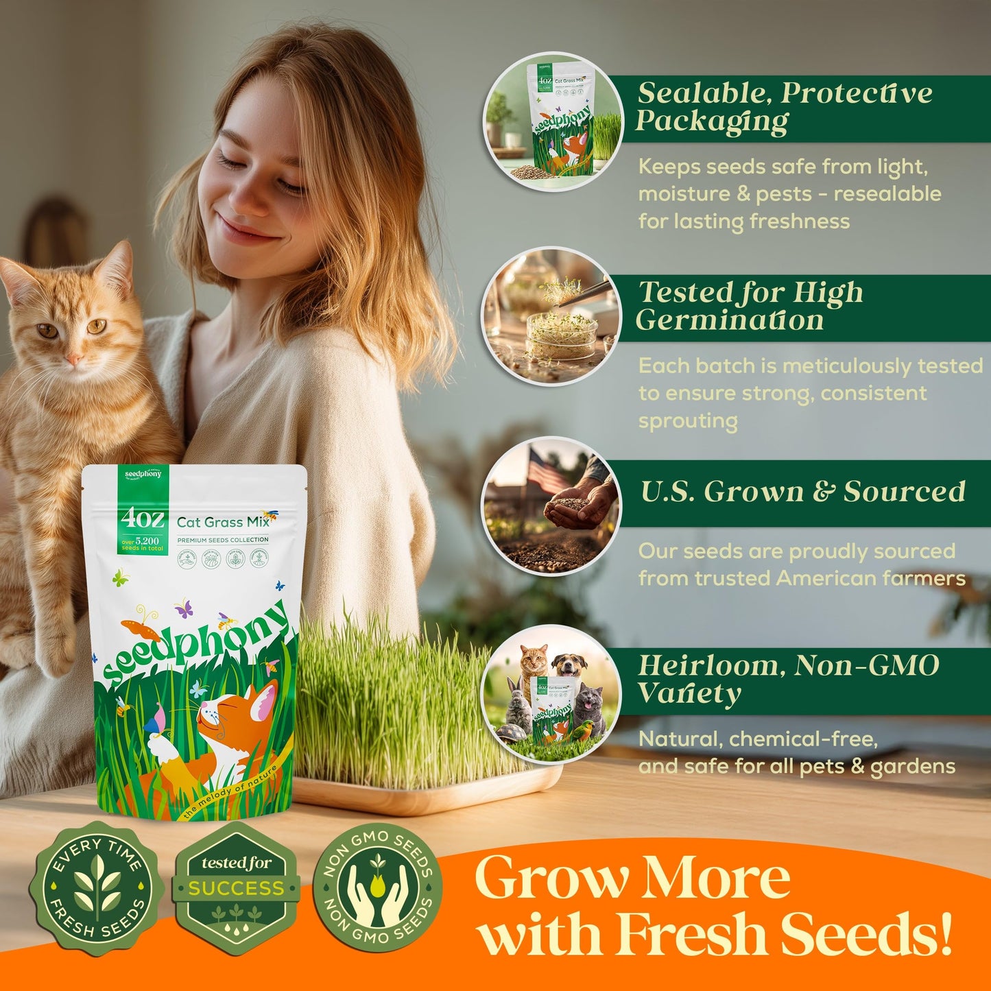 Cat Grass Seed Mix – 4 oz Pack with 5,200 Non-GMO Heirloom Seeds for Cats, Barley, Oat, Rye & Wheatgrass for Indoor Growing, Fresh Pet Grass for Digestion & Hairball Control