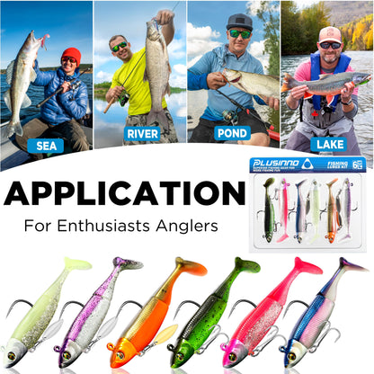 PLUSINNO Fishing Lures, Pre-Rigged Jig Head Bass Lures with Paddle Tail, Fishing Bait for Freshwater Saltwater, Soft Plastic Fishing Lures Baits for Trout Crappie Fishing Gear, Fishing Gifts for Men