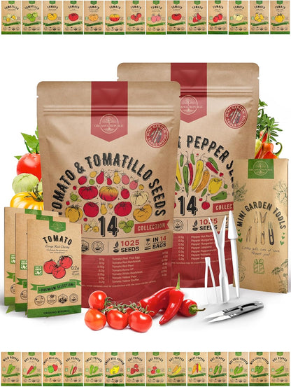 Organo Republic 14 Tomato Seeds and 14 Pepper Seeds Variety Pack Bundle, 2,055+ Non-GMO Heirloom Garden Seeds for Planting Tomatoes and Peppers for Indoor & Outdoor Gardening