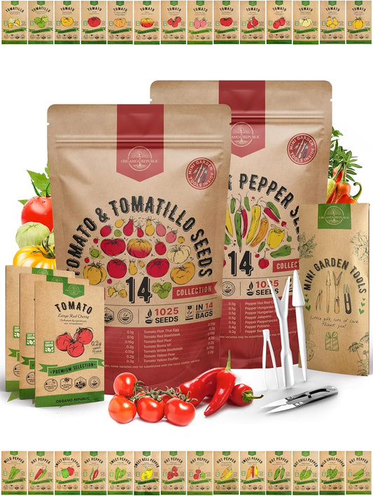 Organo Republic 14 Tomato Seeds and 14 Pepper Seeds Variety Pack Bundle, 2,055+ Non-GMO Heirloom Garden Seeds for Planting Tomatoes and Peppers for Indoor & Outdoor Gardening