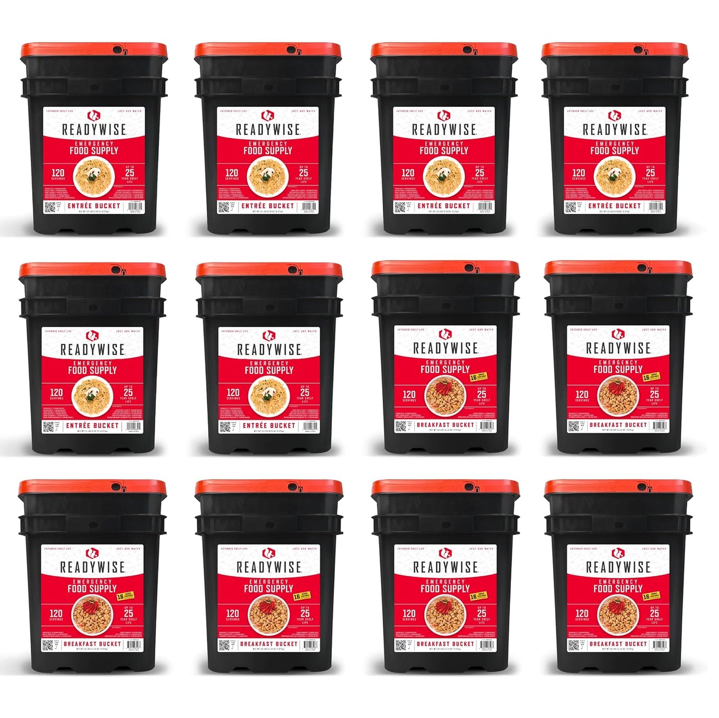 ReadyWise Emergency Food Supply - 1440 Servings Breakfast & Entrée Buckets, Protein Meals & Freeze Dried Bulk Food, Survival Kit for Backpacking & Camping Essentials, up to 25 Year Shelf Life