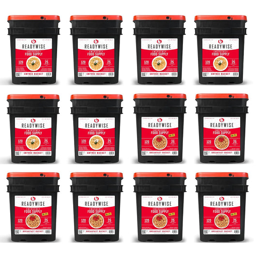 ReadyWise Emergency Food Supply - 1440 Servings Breakfast & Entrée Buckets, Protein Meals & Freeze Dried Bulk Food, Survival Kit for Backpacking & Camping Essentials, up to 25 Year Shelf Life