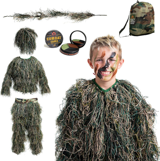 Arcturus Ultra-Lite Kids Ghillie Suit | Includes 3-Color Camo Face Paint| Halloween Costume - Army | Sniper | Bush Costume | Hunting & Airsoft for Children