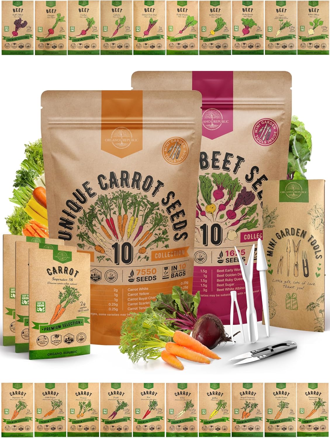 Organo Republic 10 Carrot & 10 Beet Seeds Variety Pack Bundle, 9,175+ Non-GMO Heirloom Garden Seeds for Planting Root Vegetables for Indoor & Outdoor Gardening