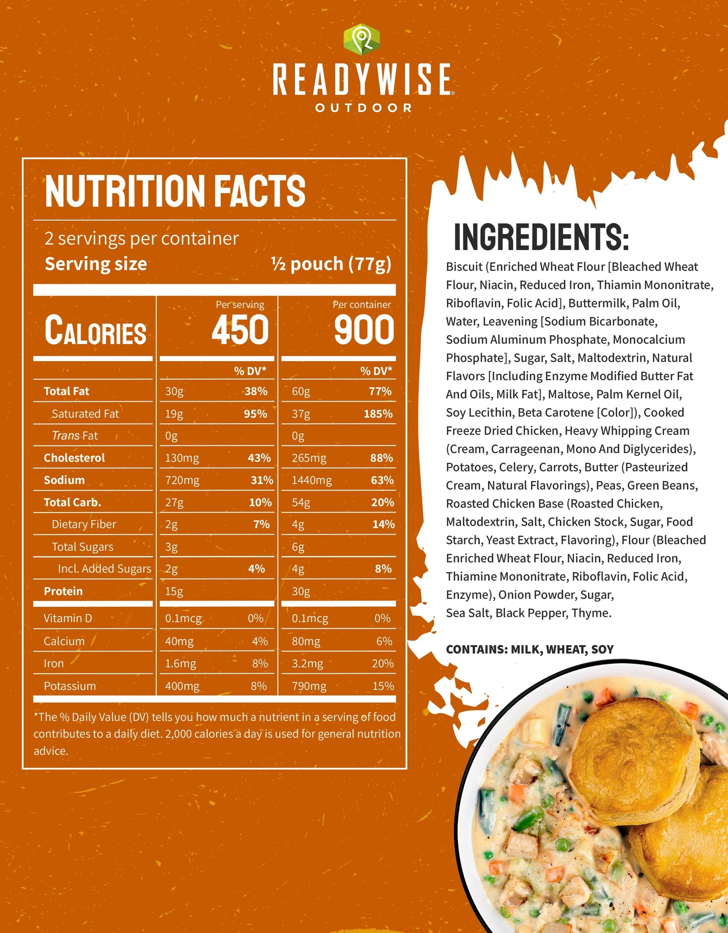 ReadyWise Outdoor Pro Adventure Meal - Country-Style Chicken Pot Pie, 2 Servings, 1 Pouch, 900 Calories, 30g Protein, Freeze Dried Food & Dehydrated Backpacking Camping Meals, up to 5 Year Shelf Life