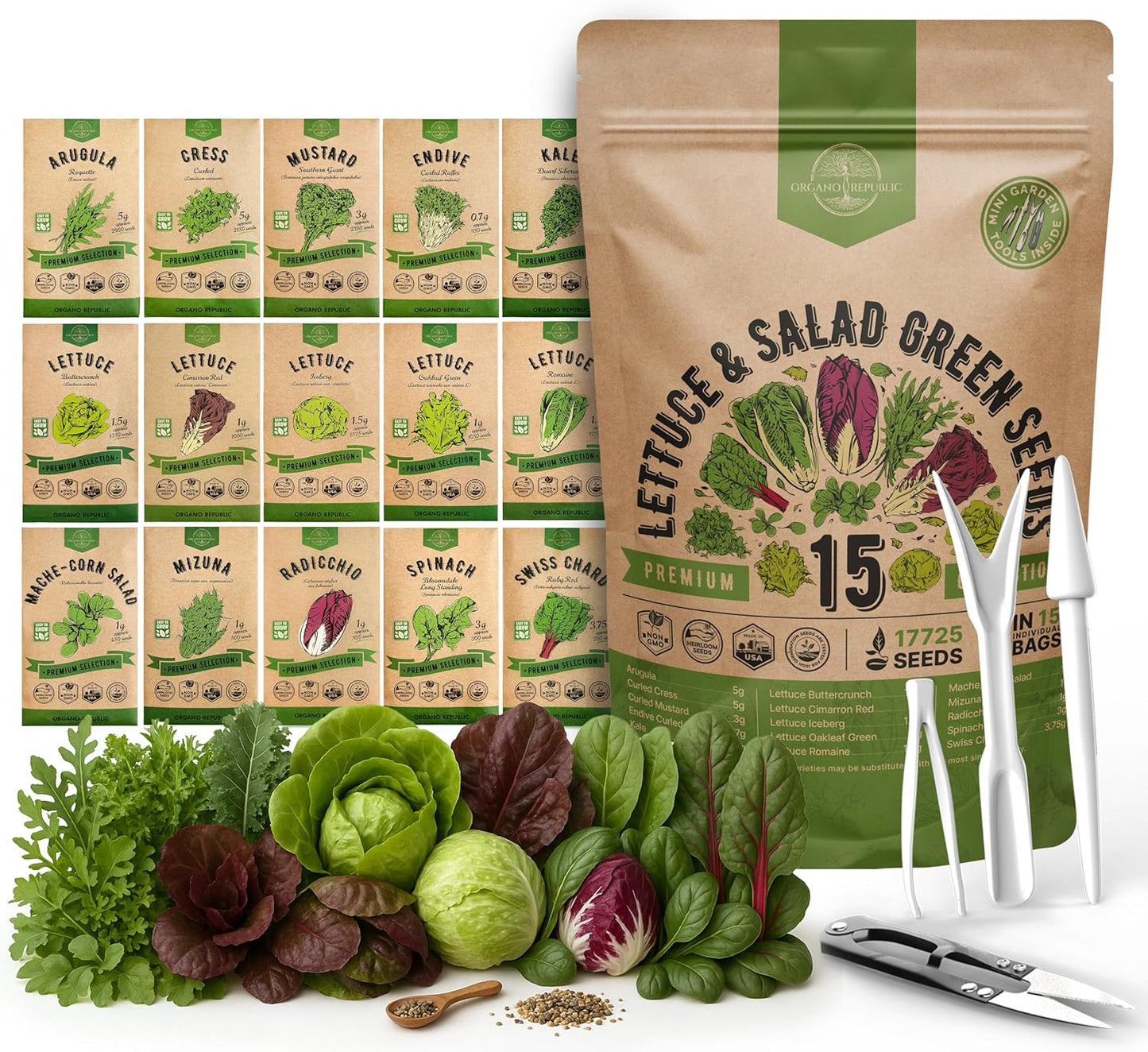 Organo Republic 22 Lettuce & Salad Greens Seeds Variety Pack 24,700+ Non-GMO Heirloom Lettuce Seeds for Indoor & Outdoor Garden, Hydroponics, Aerogarden - Arugula, Kale, Spinach, Swiss Chard, Lettuce