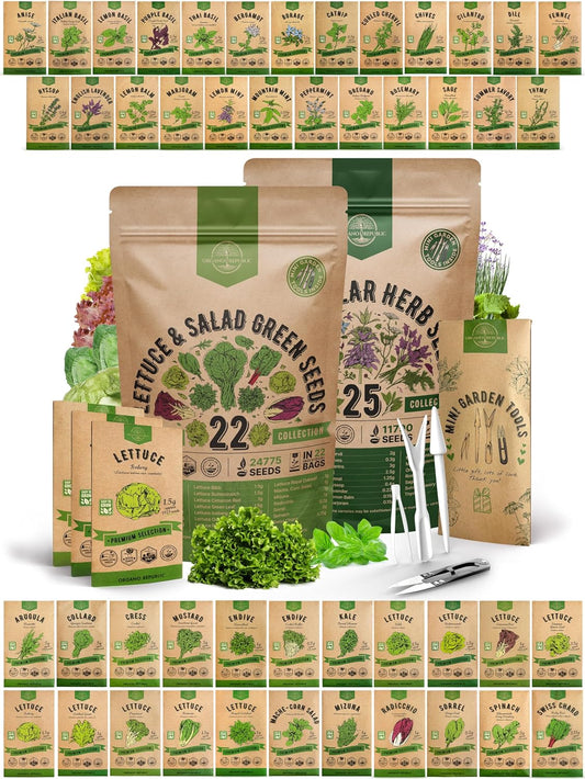 Organo Republic 22 Lettuce & Salad Greens Seeds & 25 Most Popular Herb Seeds Variety Pack Bundle, 36,400+ Non-GMO, Organic, Heirloom Garden Seeds for Planting Vegetables & Herbs for Indoor & Outdoor Gardening