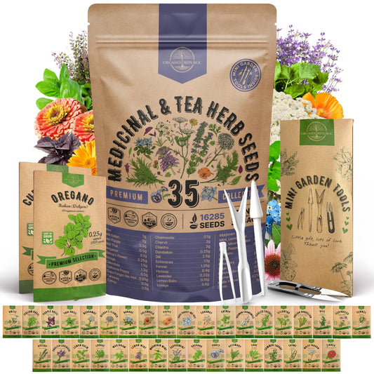 35 Medicinal & Tea Herb Seeds Variety Pack for Indoor & Outdoors. 16,335+ Non-GMO Heirloom Garden Seeds: Anise, Bergamot, Borage, Cilantro, Chamomile, Dandelion, Rosemary Seeds & More