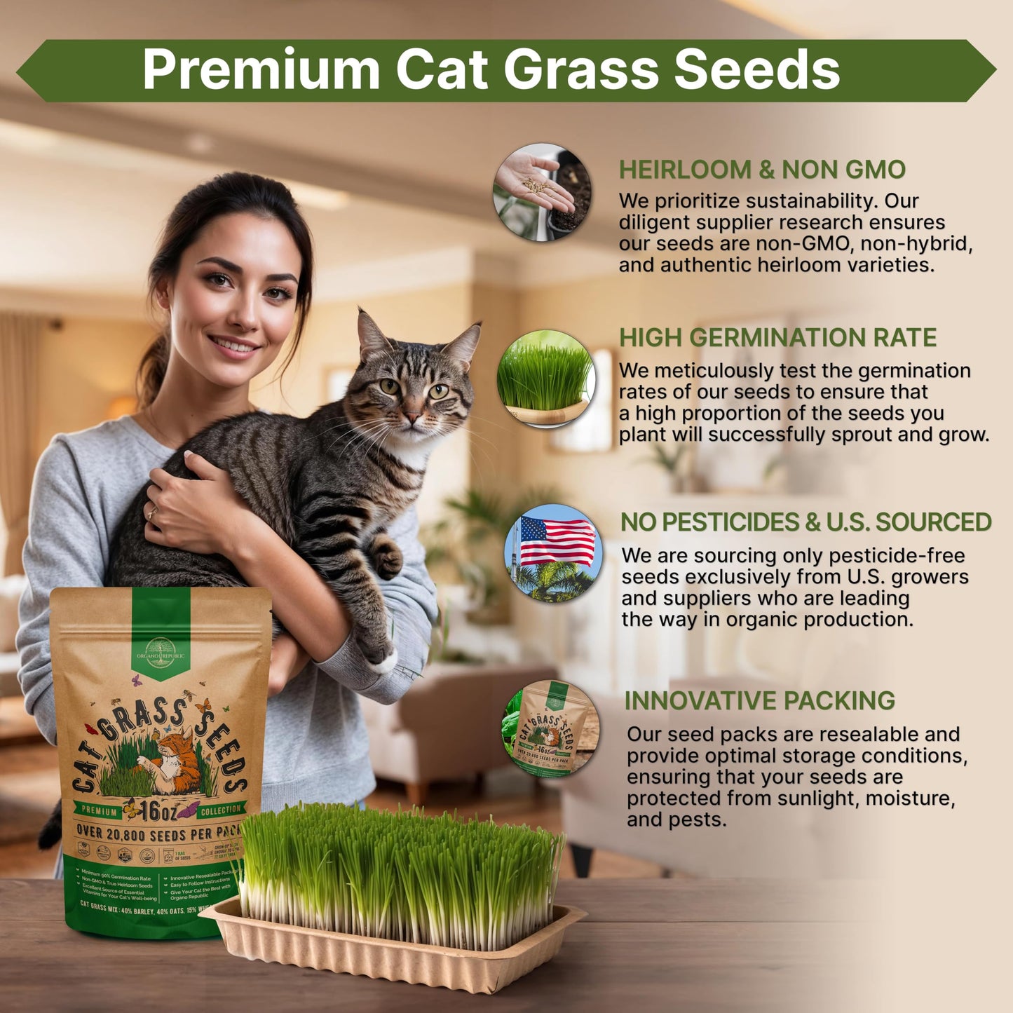 Organo Republic Cat Grass Seeds Mix - 20,800 Non-GMO Heirloom Seeds for Cats & Pets, 16 oz Pack for Growing Fresh Barley, Oat, Rye & Wheat Grass Seeds for Planting, Indoor Plants, Hairball Remedy