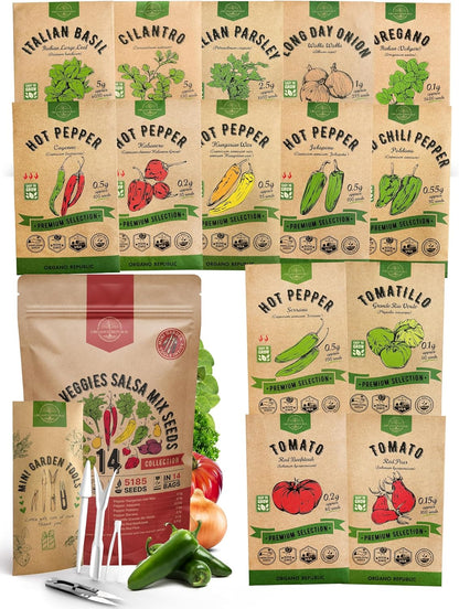 Organo Republic 14 Herb, Tomato & Chili Pepper Gardening Seeds Salsa Variety Pack for Outdoors & Indoor Garden 5180+ Non-GMO Heirloom Seeds Cilantro, Basil, Oregano, Parsley, Onion, Pepper Tomato Seed