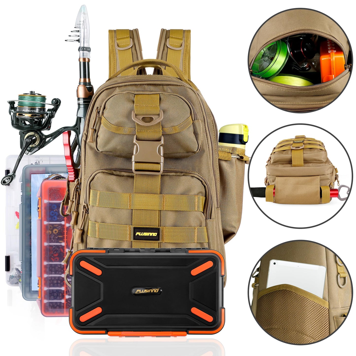 PLUSINNO Fishing Backpack with Fishing Rod and Reel Combos Tackle Boxes, Waterproof Tackle Backpack for Fishing Gear with Rod Holder, Fishing Gifts for Men with Fishing Tool Kit...