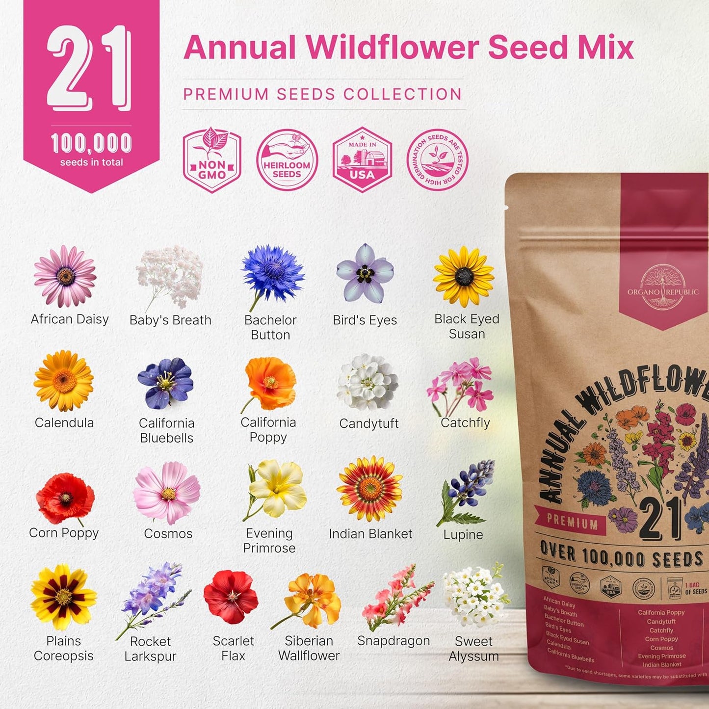 Organo Republic 16 Perennial Wildflower Seeds Mix for Indoor & Outdoors. 100,000+ Non-GMO, Heirloom Wildflower Garden Seeds, 4oz Packet for Growing Wild Flowers to Attract Bees, Butterflies & Birds