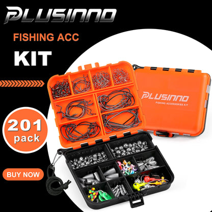 PLUSINNO 253/387pcs Fishing Gear Accessories Kit, Fishing Tackle Box with Tackle Included, Fishing Hooks, Fishing Weights Sinkers, Spinner Blade, Fishing Equipment for Bass Trout Bluegill Crappie