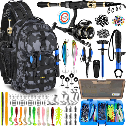 PLUSINNO Fishing Backpack with Fishing Rod and Reel Combos Tackle Boxes, Waterproof Tackle Backpack for Fishing Gear with Rod Holder, Fishing Gifts for Men with Fishing Tool Kit...