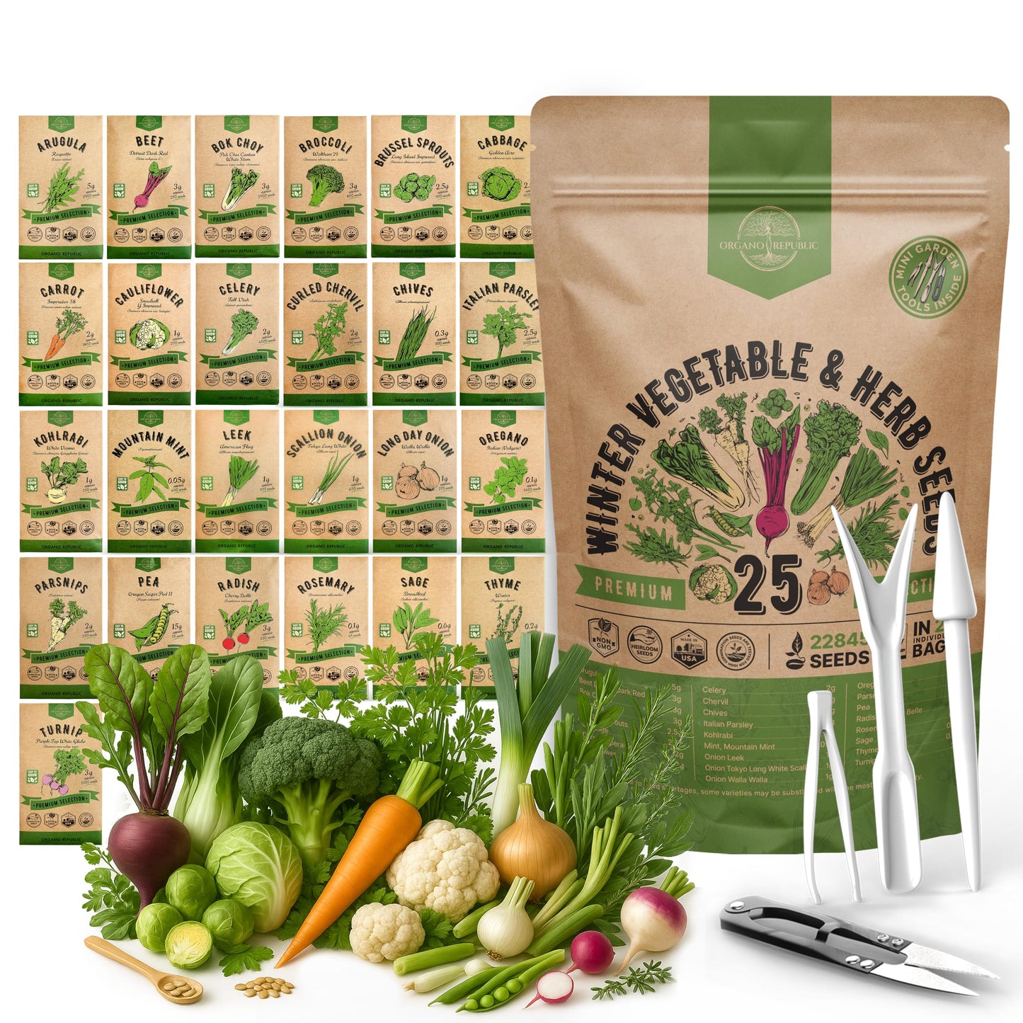 Organo Republic 25 Winter Vegetable & Green Seeds Variety Pack for Outdoors & Indoor Home Gardening 27670+ Non-GMO Heirloom Seeds: Broccoli Beet Carrot Collard Lettuce Radish Spinach Pea Kohlrabi