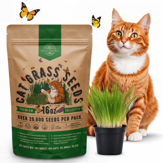 Organo Republic Cat Grass Seeds Mix - 20,800 Non-GMO Heirloom Seeds for Cats & Pets, 16 oz Pack for Growing Fresh Barley, Oat, Rye & Wheat Grass Seeds for Planting, Indoor Plants, Hairball Remedy