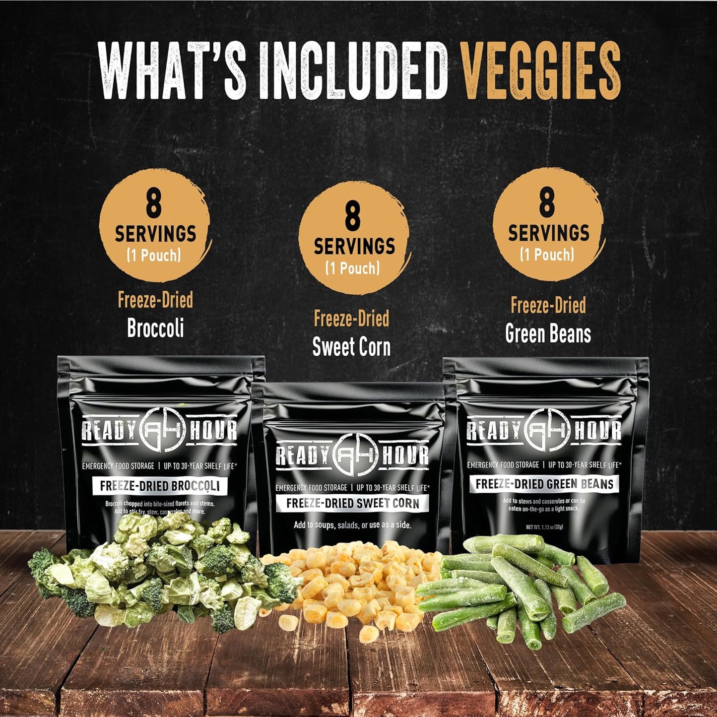 Ready Hour, Fruit & Veggie Mix, Non-Perishable Freeze-Dried Food, 30-Year Shelf Life, Portable Emergency and Adventure Food Supply, Durable Flood Safe Container, 56 Servings