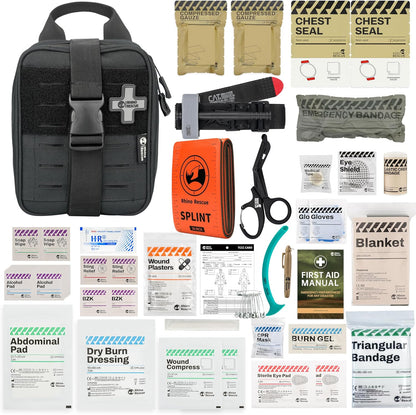 RHINO RESCUE 6" Israeli Style Emergency Bandage + IFAK Trauma Kit with C-A-T Tourniquet for Wound Care (PRO, Black)