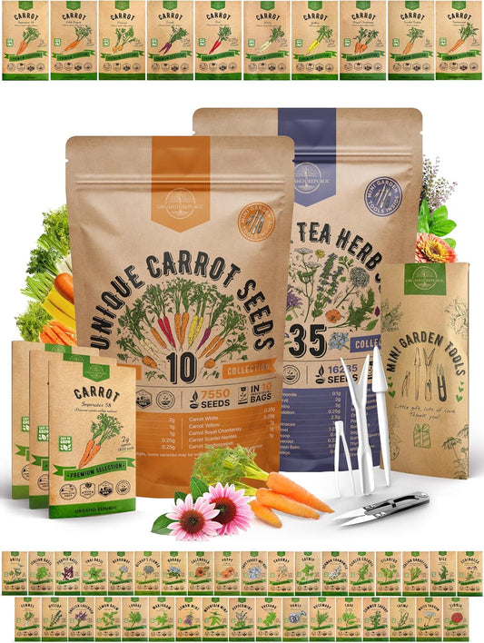 Organo Republic 10 Carrot Seeds and 35 Medicinal & Tea Herb Seeds Variety Pack Bundle, 23,885+ Non-GMO Heirloom Garden Seeds for Planting Carrots and Herbs for Indoor & Outdoor Gardening