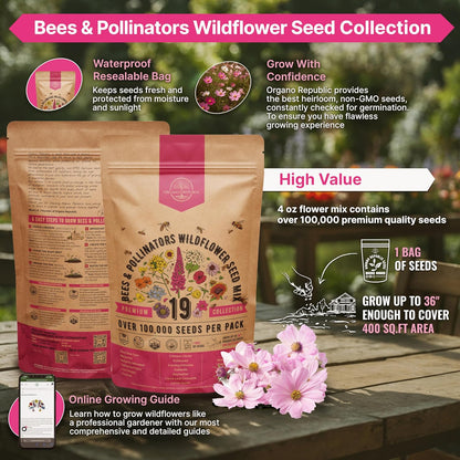 Organo Republic 16 Perennial Wildflower Seeds Mix for Indoor & Outdoors. 100,000+ Non-GMO, Heirloom Wildflower Garden Seeds, 4oz Packet for Growing Wild Flowers to Attract Bees, Butterflies & Birds
