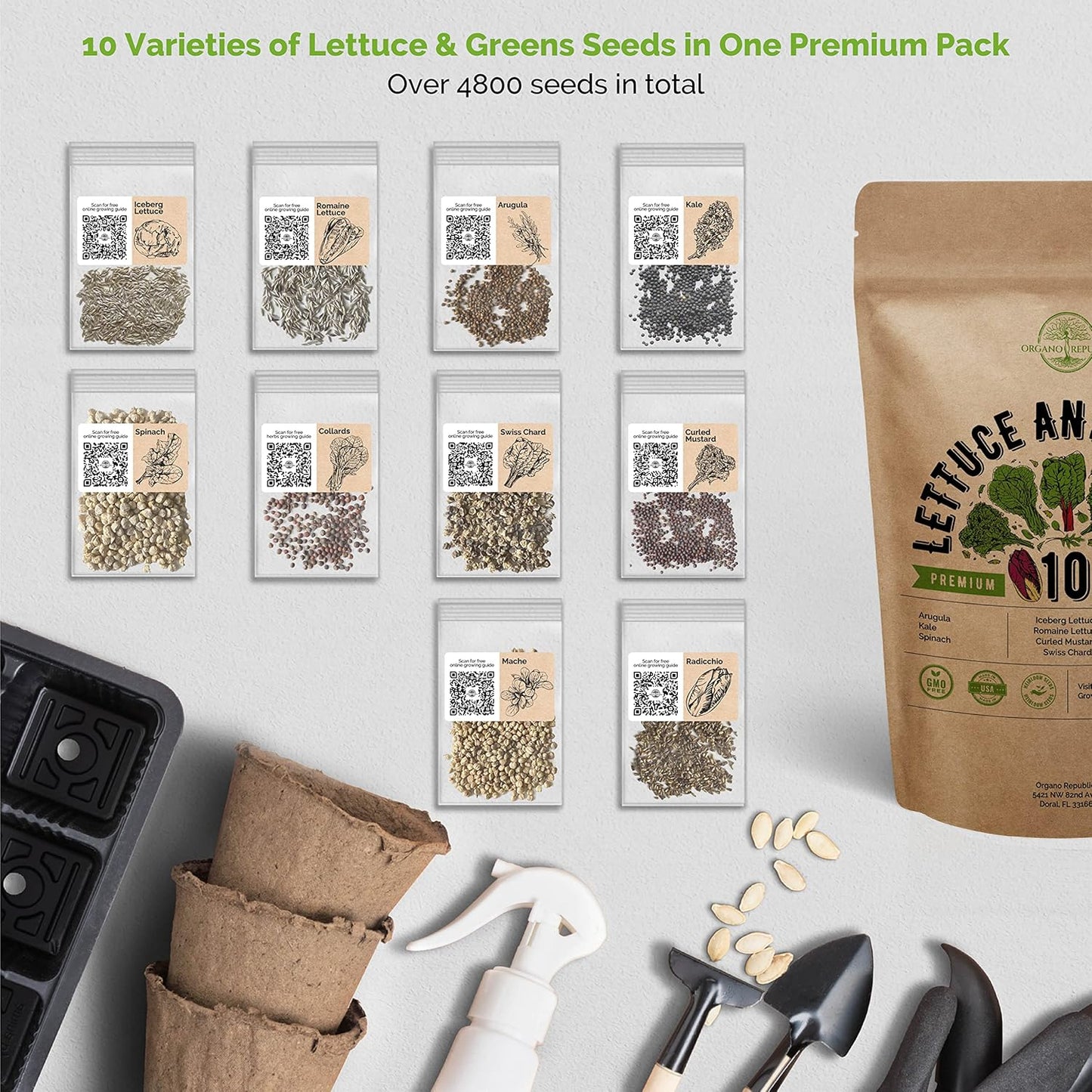 Organo Republic 10 Lettuce & Salad Greens Seeds Variety Pack 4800+ Non-GMO Heirloom Lettuce Seeds for Planting Indoors & Outdoors Garden, Hydroponics - Arugula, Radicchio, Kale, Spinach, Swiss Chard