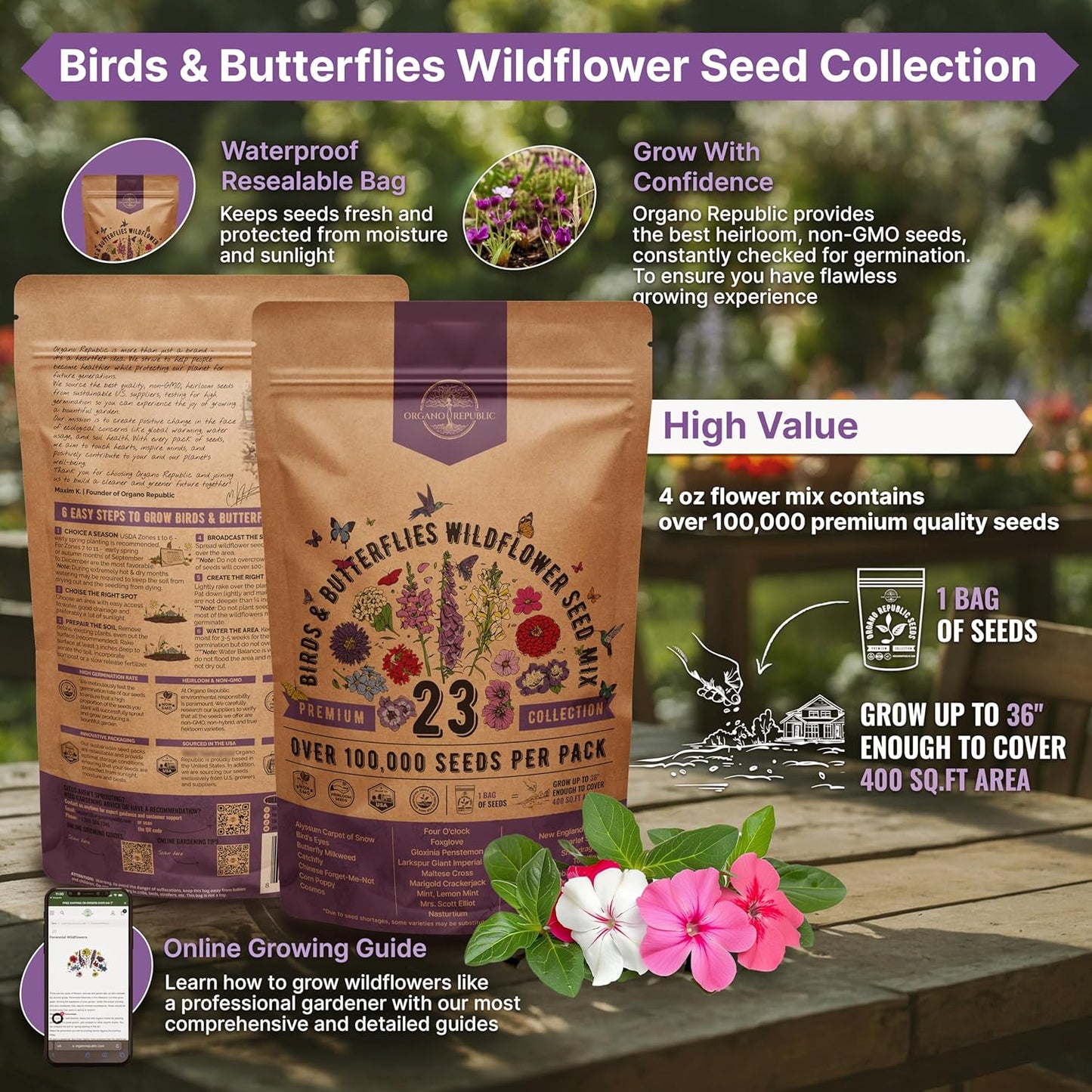 Organo Republic 16 Perennial Wildflower Seeds Mix for Indoor & Outdoors. 100,000+ Non-GMO, Heirloom Wildflower Garden Seeds, 4oz Packet for Growing Wild Flowers to Attract Bees, Butterflies & Birds
