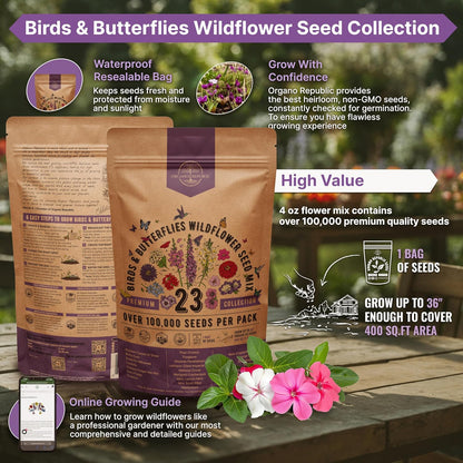 Organo Republic 16 Perennial Wildflower Seeds Mix for Indoor & Outdoors. 100,000+ Non-GMO, Heirloom Wildflower Garden Seeds, 4oz Packet for Growing Wild Flowers to Attract Bees, Butterflies & Birds