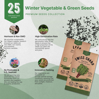 Organo Republic 25 Winter Vegetable & Green Seeds Variety Pack for Outdoors & Indoor Home Gardening 27670+ Non-GMO Heirloom Seeds: Broccoli Beet Carrot Collard Lettuce Radish Spinach Pea Kohlrabi