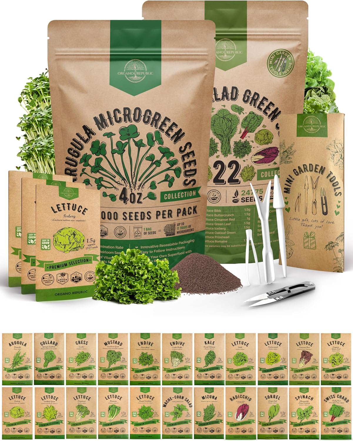 Organo Republic Arugula Sprouting 4 oz & 22 Lettuce & Salad Greens Seeds Variety Pack Bundle, 79,700+ Non-GMO Heirloom Garden Seeds for Planting Microgreens & Salad Greens for Indoor & Outdoor Garden