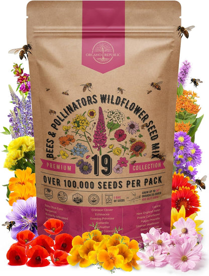 Organo Republic 16 Perennial Wildflower Seeds Mix for Indoor & Outdoors. 100,000+ Non-GMO, Heirloom Wildflower Garden Seeds, 4oz Packet for Growing Wild Flowers to Attract Bees, Butterflies & Birds