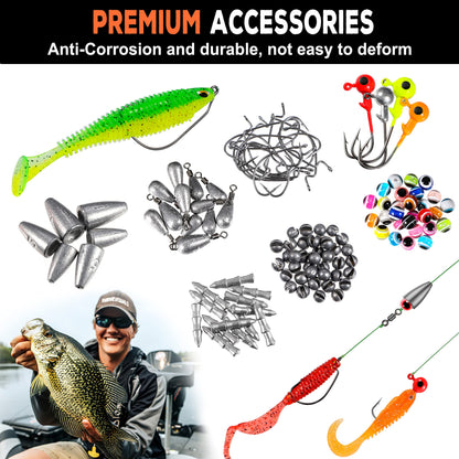 PLUSINNO 253/387pcs Fishing Gear Accessories Kit, Fishing Tackle Box with Tackle Included, Fishing Hooks, Fishing Weights Sinkers, Spinner Blade, Fishing Equipment for Bass Trout Bluegill Crappie