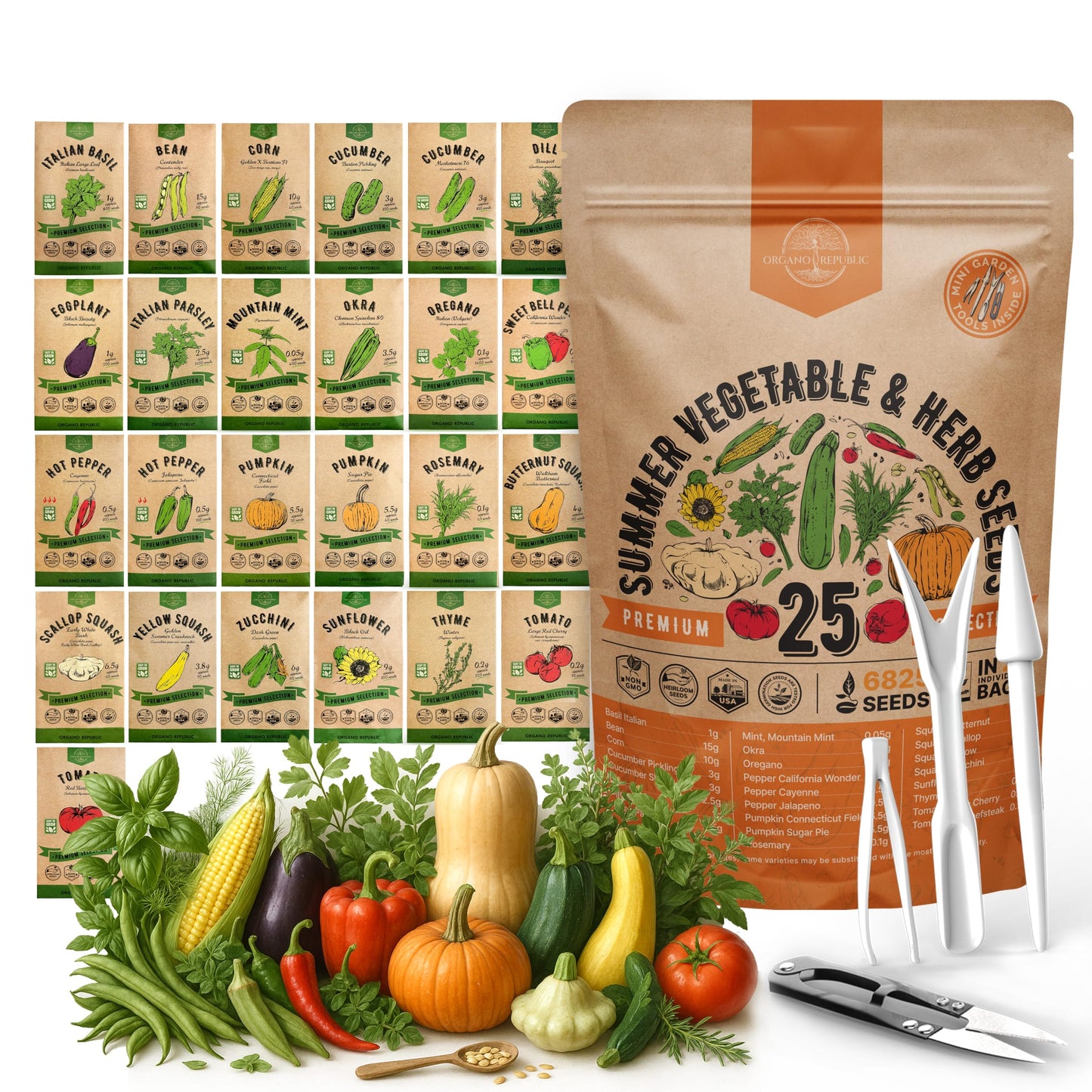 Organo Republic 25 Winter Vegetable & Green Seeds Variety Pack for Outdoors & Indoor Home Gardening 27670+ Non-GMO Heirloom Seeds: Broccoli Beet Carrot Collard Lettuce Radish Spinach Pea Kohlrabi