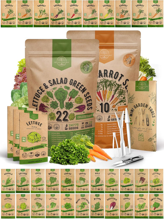 Organo Republic 22 Lettuce & Salad Greens Seeds and 10 Carrot Seeds Variety Pack Bundle, 32,250+ Non-GMO Heirloom Garden Seeds for Planting Vegetables for Indoor & Outdoor Gardening