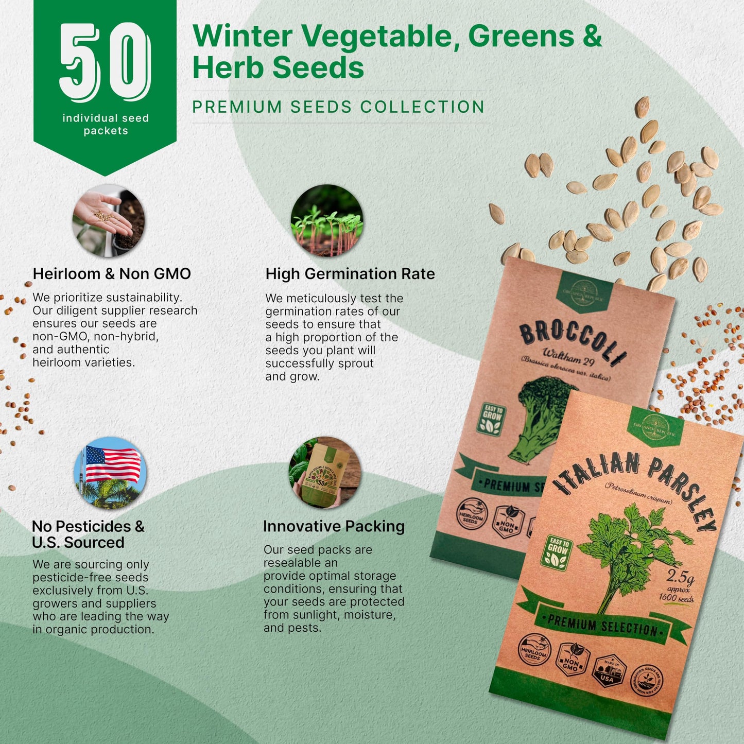 Organo Republic 25 Winter Vegetable & Green Seeds Variety Pack for Outdoors & Indoor Home Gardening 27670+ Non-GMO Heirloom Seeds: Broccoli Beet Carrot Collard Lettuce Radish Spinach Pea Kohlrabi